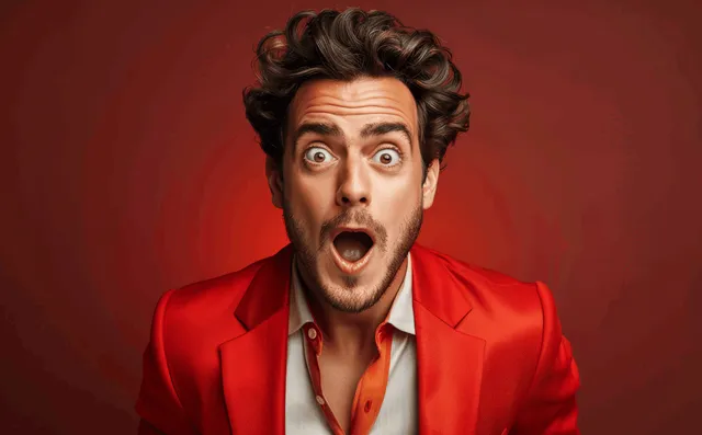 Surprised young man in a red suit with an open mouth and shocked eyes against a solid red background.