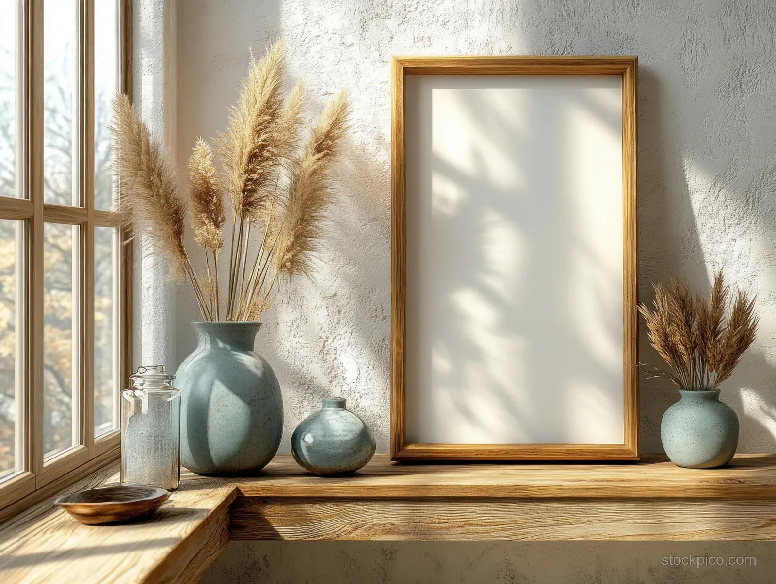Blank vertical wooden picture frame on a beige shelf with pampas grass vases, books, and soft sunlight shadows.