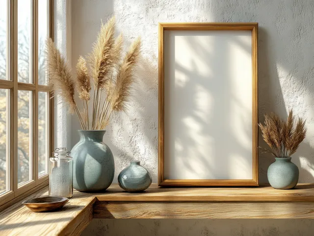 Blank vertical wooden picture frame on a beige shelf with pampas grass vases, books, and soft sunlight shadows.