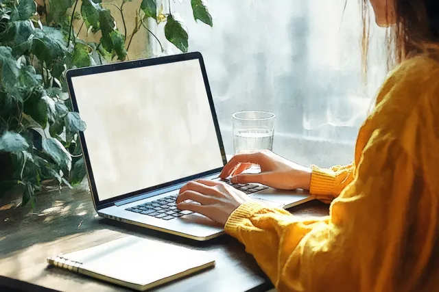 Woman typing on laptop in sunlit cozy home workspace