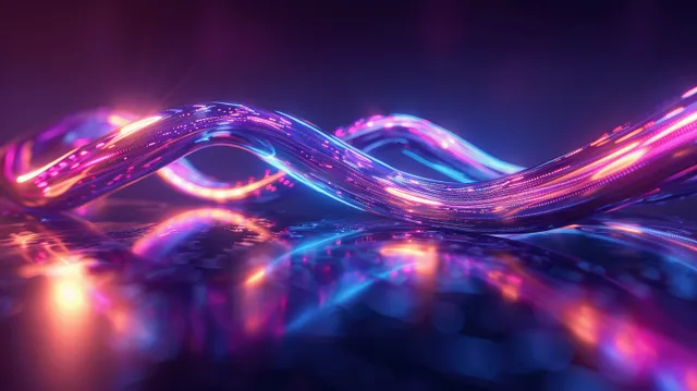 Neon infinity ribbon loops across an abstract cyber speedway with glowing energy trails