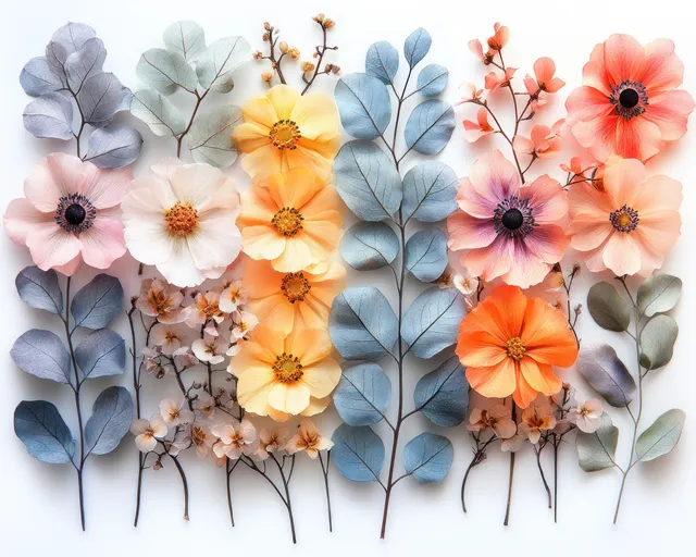Pastel watercolor illustration of dried wildflowers and eucalyptus leaves clustered together on a light background.