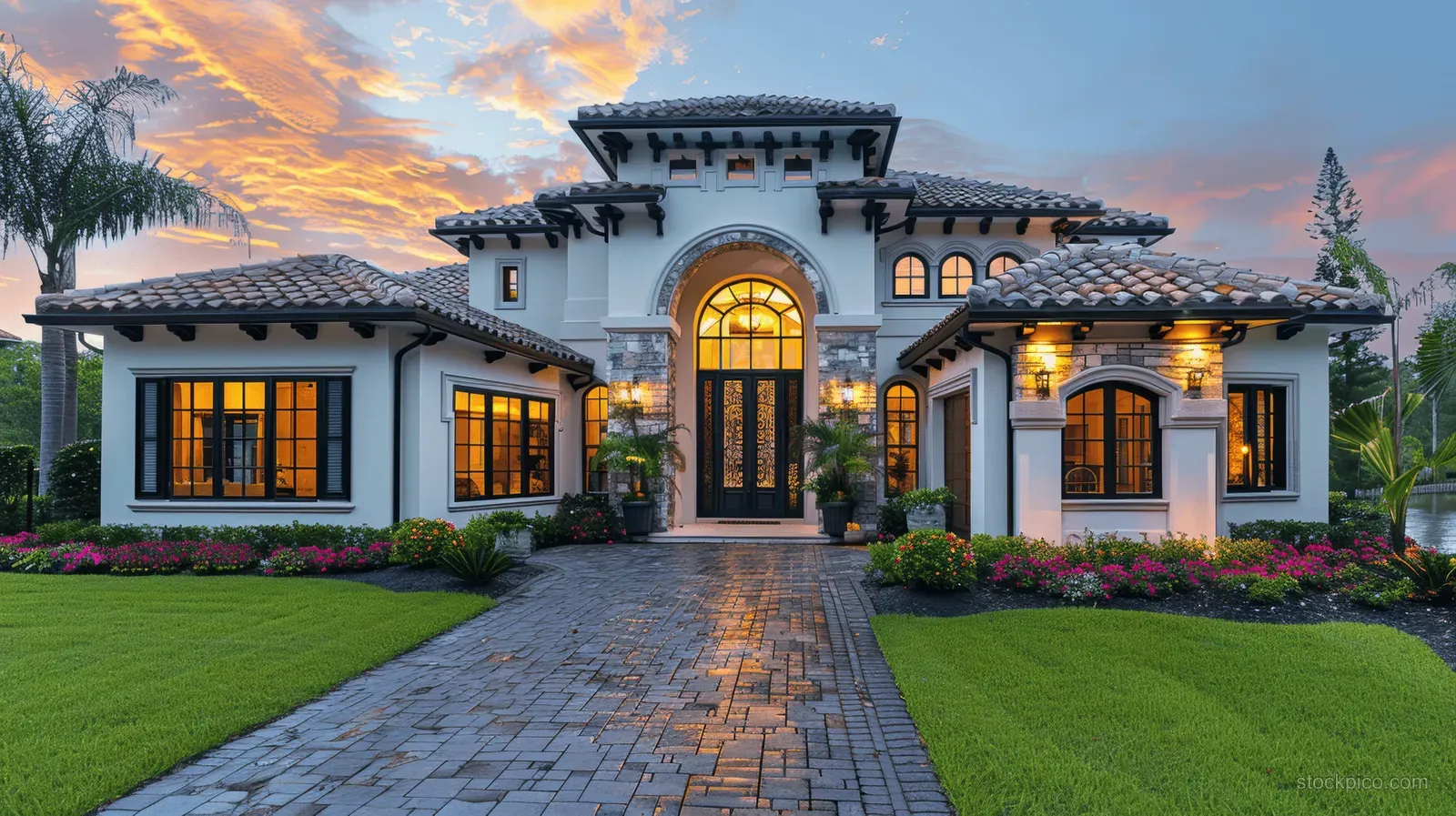 Spanish Colonial home exterior at dusk with white stucco walls, black windows, arched doors, and illuminated walkway.