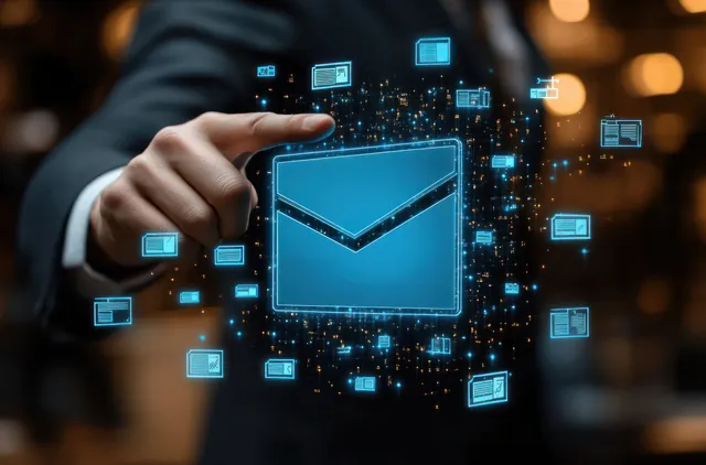 Formal hand reaches toward holographic envelope icon amid floating digital message panels