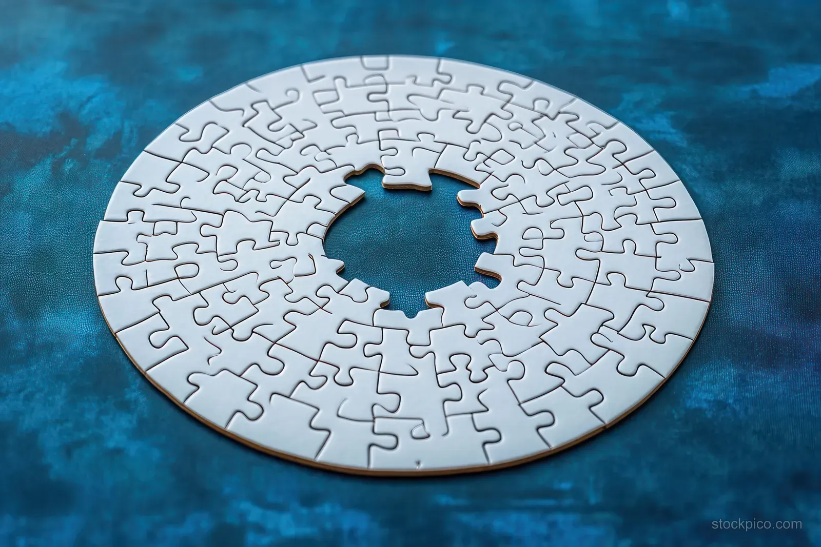 Circular white jigsaw puzzle with a missing piece forming a hollow center on textured blue surface.