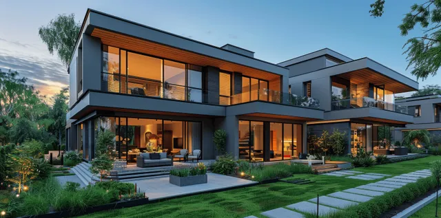 Modern townhouse row with panoramic windows, balcony lights, and landscaped evening walkway