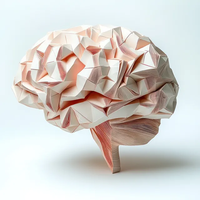 Folded paper brain sculpture with geometric facets and soft shadows on a light background.