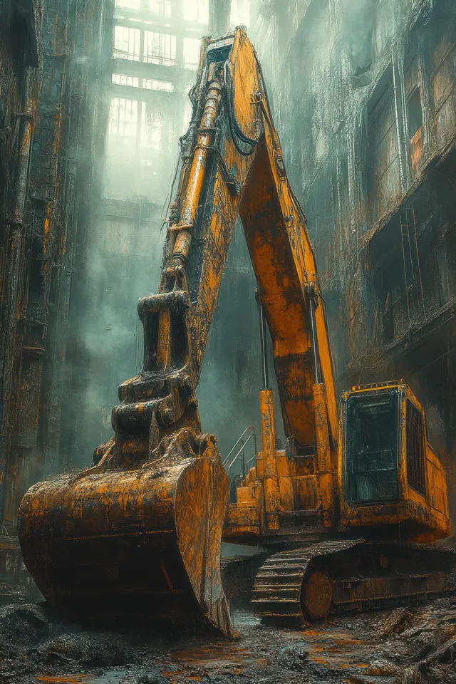 A large excavator sits in a dim warehouse with dusty concrete floors and hazy light beams.