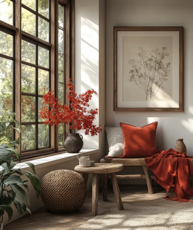 Minimalist wooden picture frame on a bright wall in a sunlit living room corner with sofa and plants.