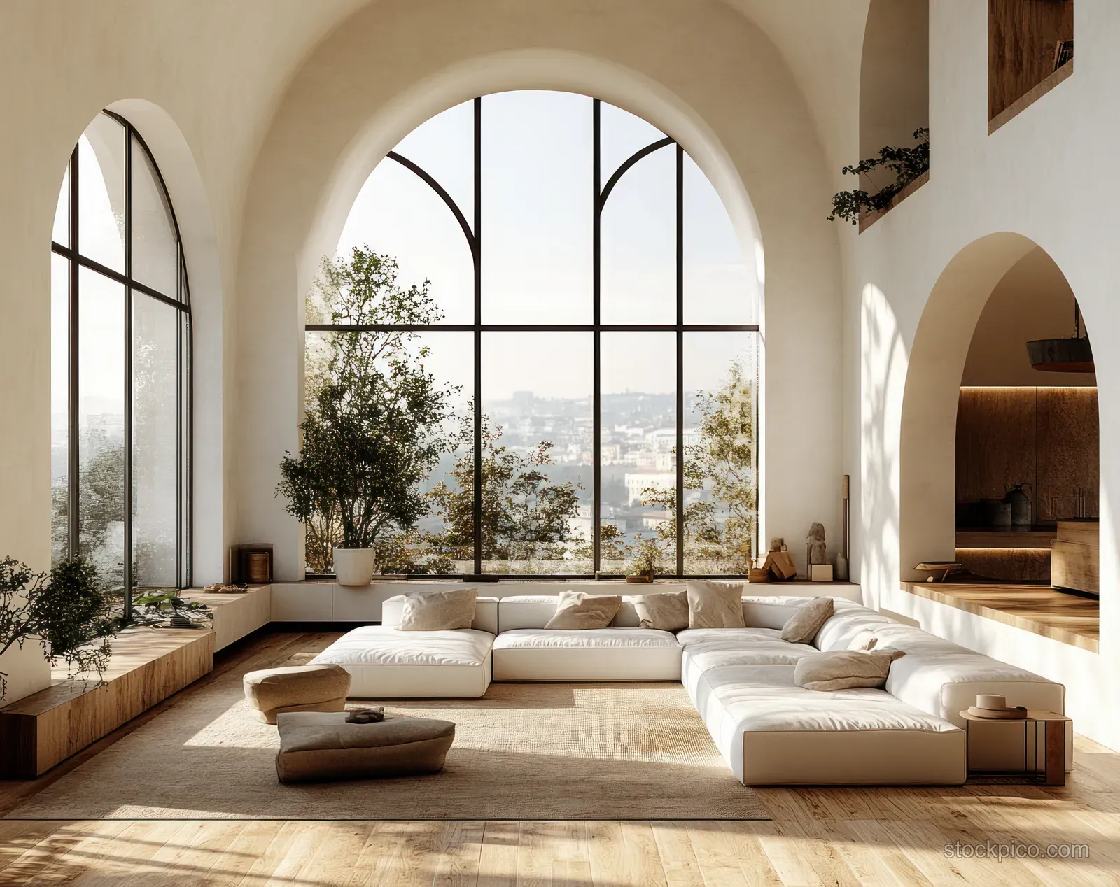 Sunlit living room with low sectional sofa, curved arches, and arched windows showing a city view.