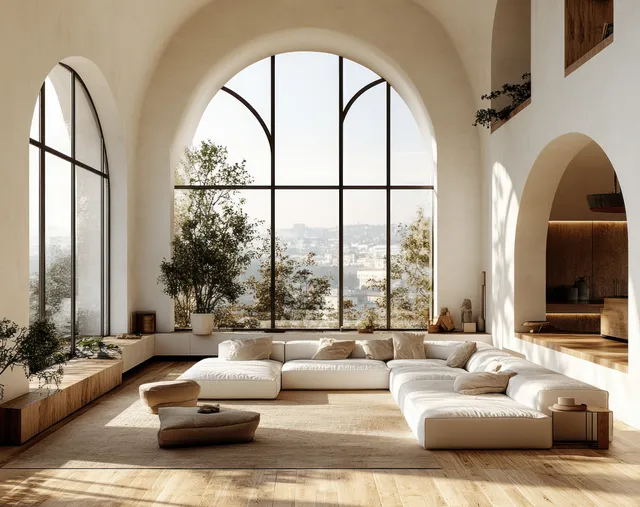 Sunlit living room with low sectional sofa, curved arches, and arched windows showing a city view.