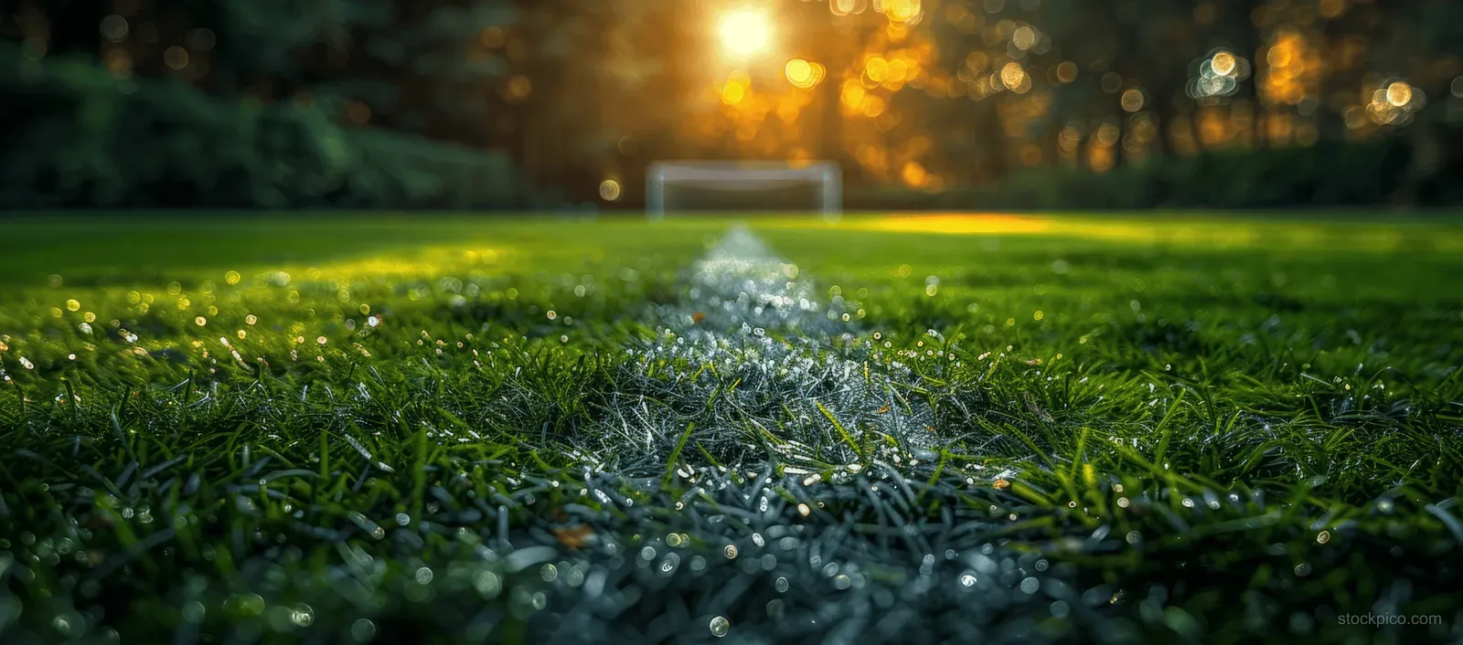 Green soccer grass in the foreground with a white field line leading toward a dark, stormy stadium background.