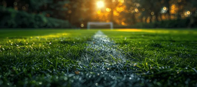 Green soccer pitch with white center line under stormy dark sky, cinematic wide view