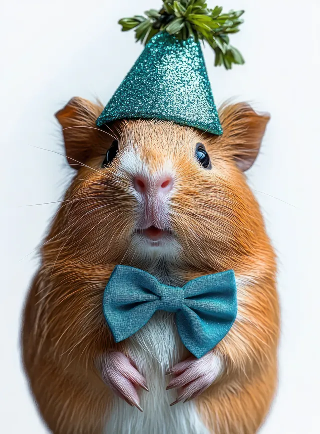 Brown and white guinea pig portrait wearing blue bow tie and glitter hat