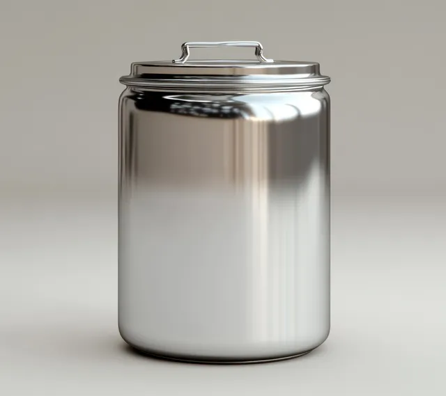 Reflective metallic tin container with an openable lid centered on a white studio background with soft shadows.