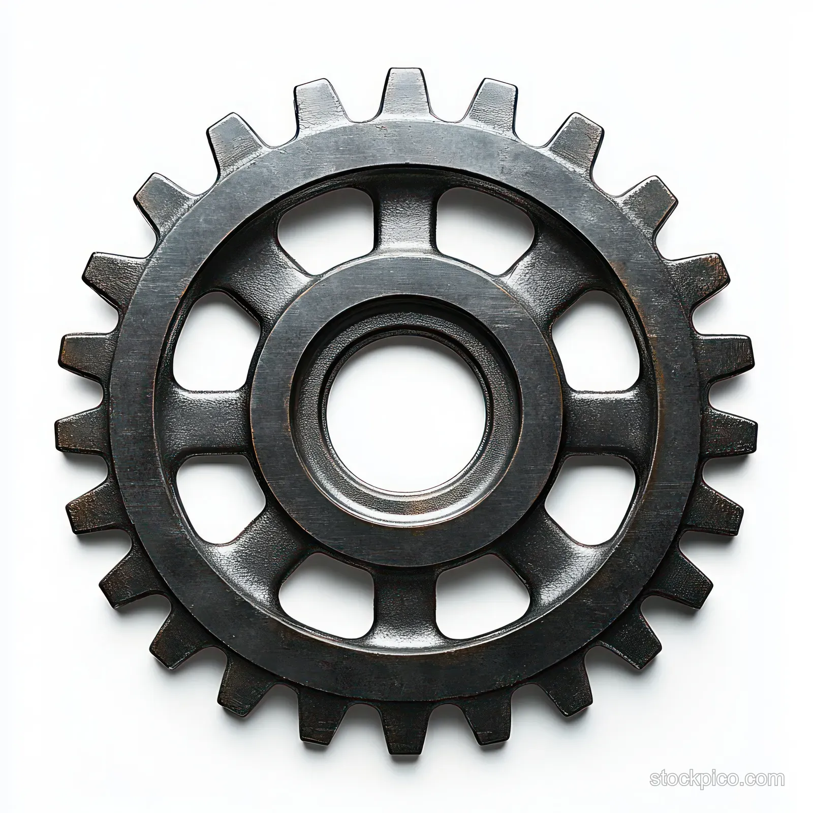 Dark metallic gear wheel with evenly spaced teeth and a circular center hole isolated on a white background.