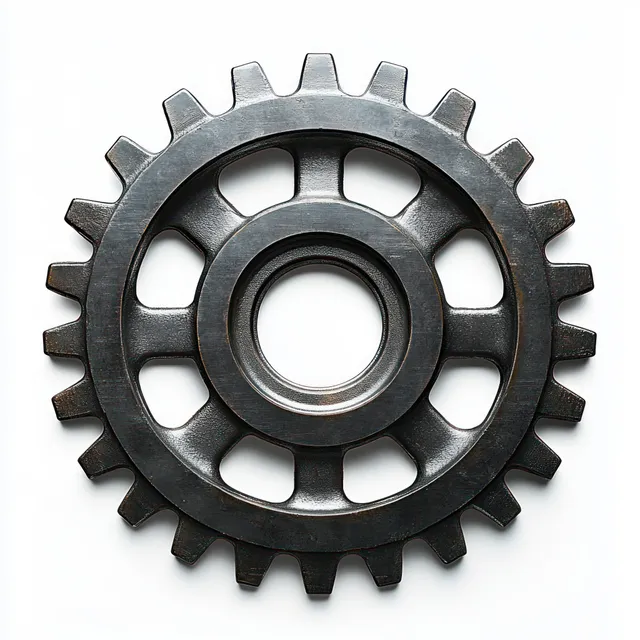 Close-up of dark metallic gear wheel with circular center hole on white background