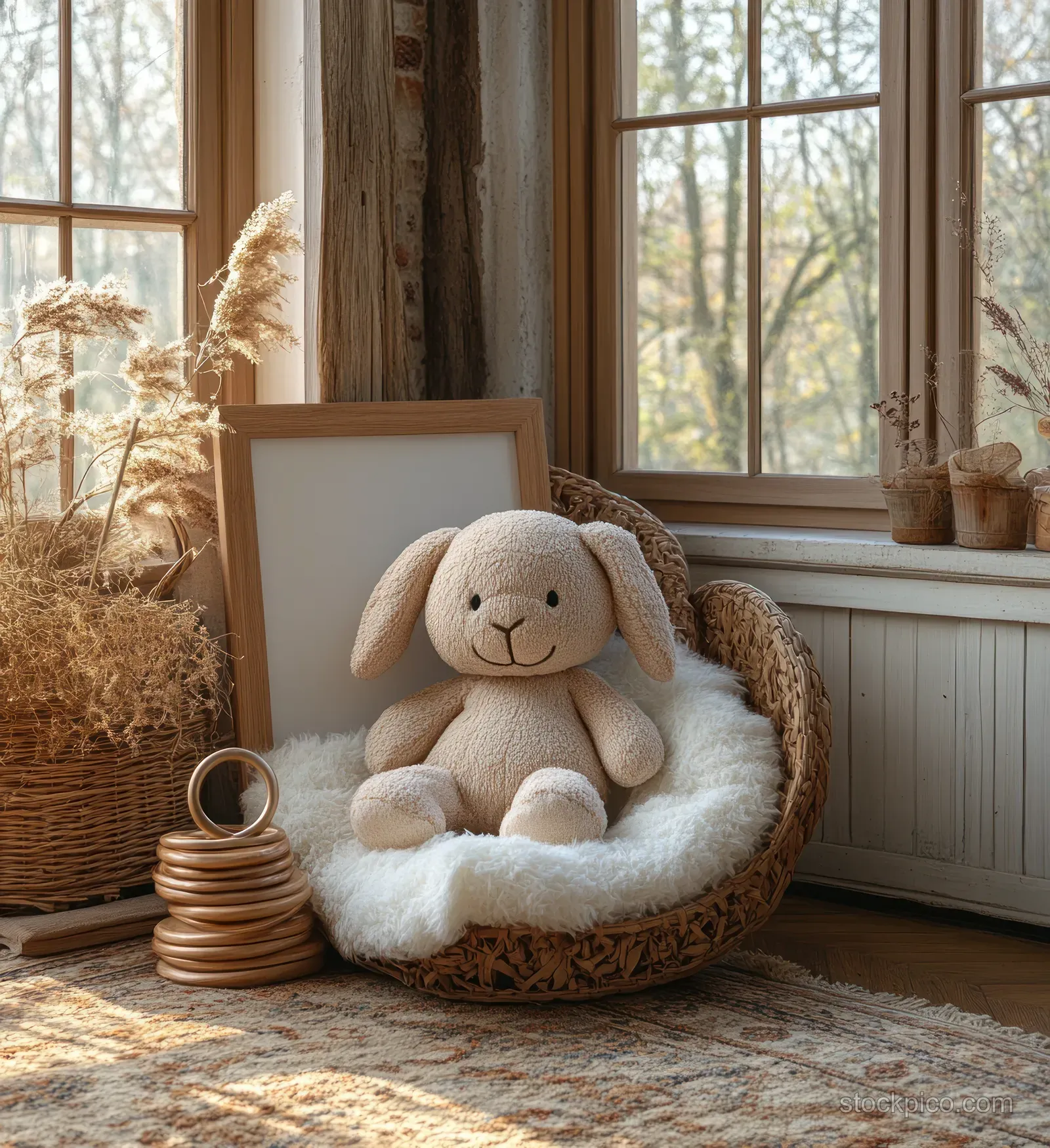A plush bunny sits in a woven cushion near a sunny window in a minimalist children’s room.