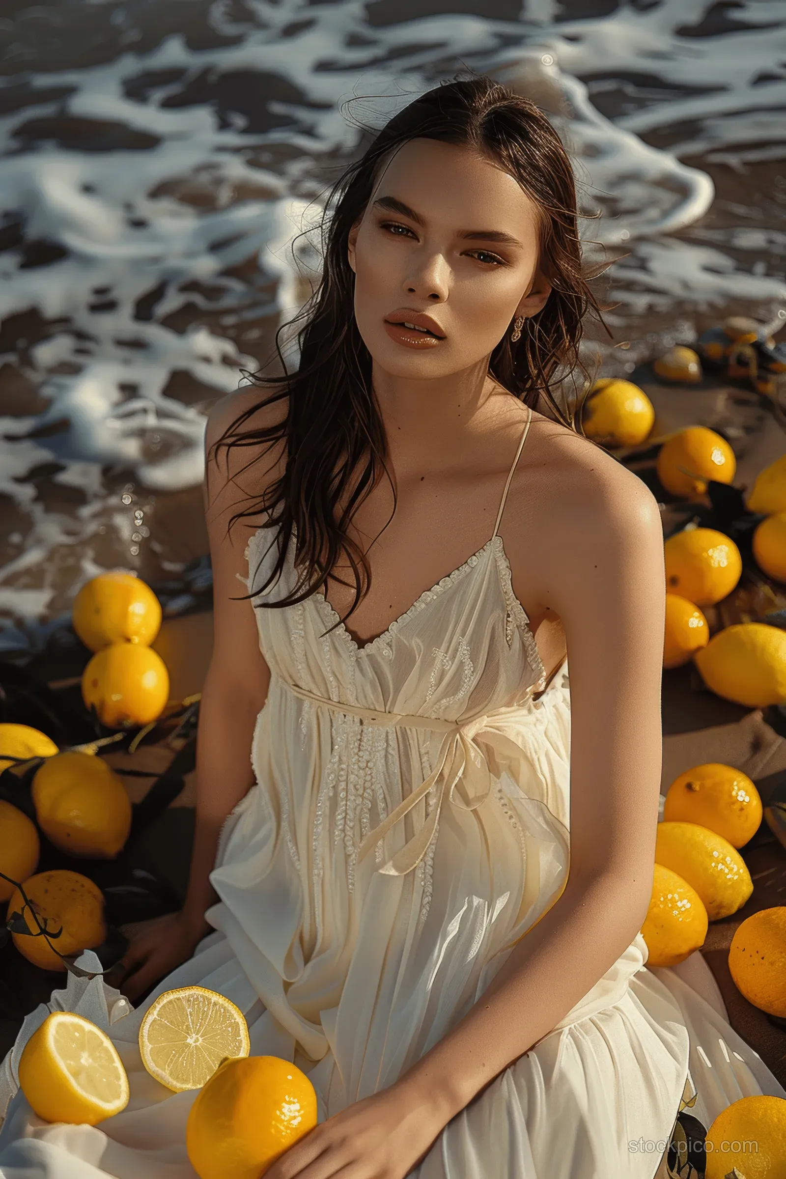 Elegant woman in a white dress poses on a Cyprus beach surrounded by bright yellow lemons at sunset.