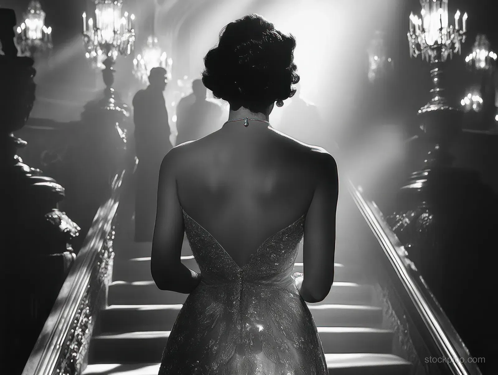 Back view of a woman in a sparkling gown ascending a grand staircase between glowing antique chandeliers.