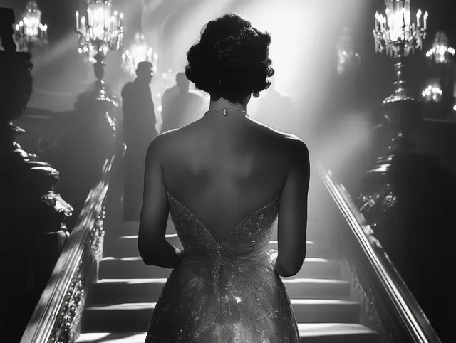 Woman in glittering gown ascending grand staircase under antique chandelier glow
