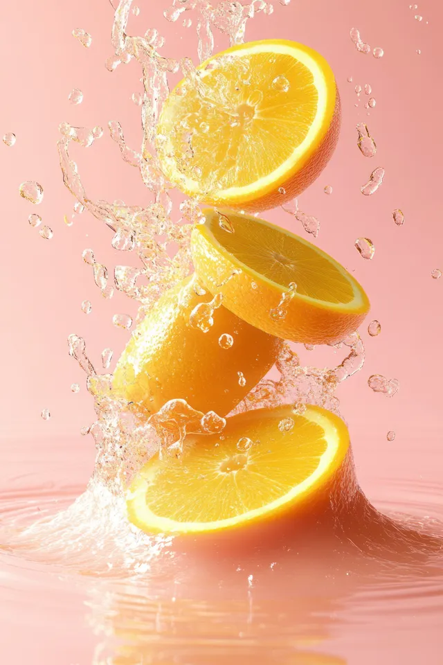 Orange juice splash with stacked orange slices against a soft pink background