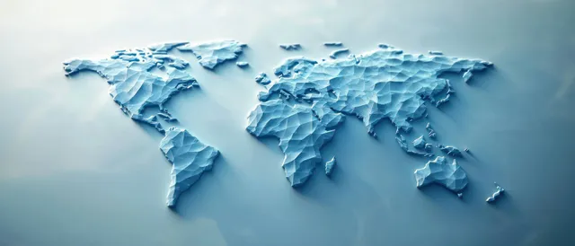 Icy blue 3D polygon world map with soft shadows on a smooth pale blue background.