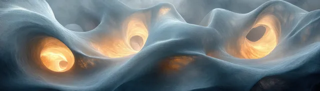 Grey wavy abstract pattern with glowing amber eye-like shapes across a seamless textile texture.
