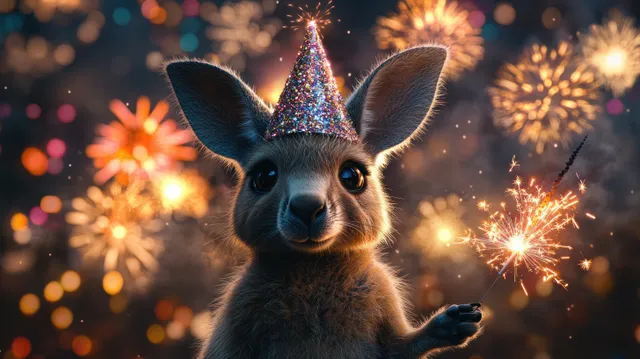 A kangaroo holds a sparkler while colorful fireworks explode behind it in the night sky.