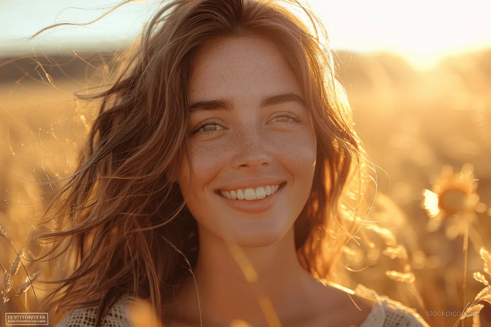 A freckled woman smiles in a sunlit field of tall grasses with warm golden sunlight and a sunflower nearby.