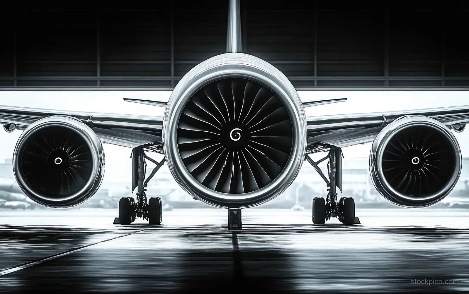 Close-up view of an airplane wing and twin jet engines at an airport gate under bright, reflective lighting.