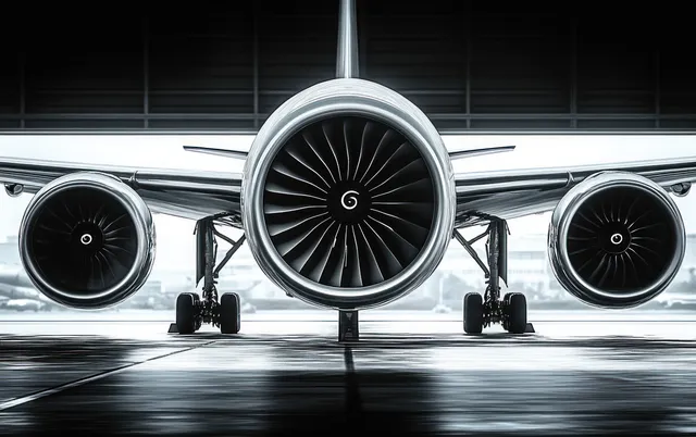 Close-up view of an airplane wing and twin jet engines at an airport gate under bright, reflective lighting.