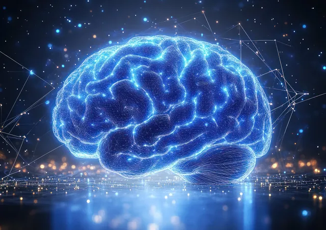 Glowing blue digital brain surrounded by network connections and particles above reflective data streams.