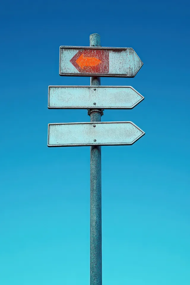 Rusty multi-direction road sign arrows on metal post against clear blue sky
