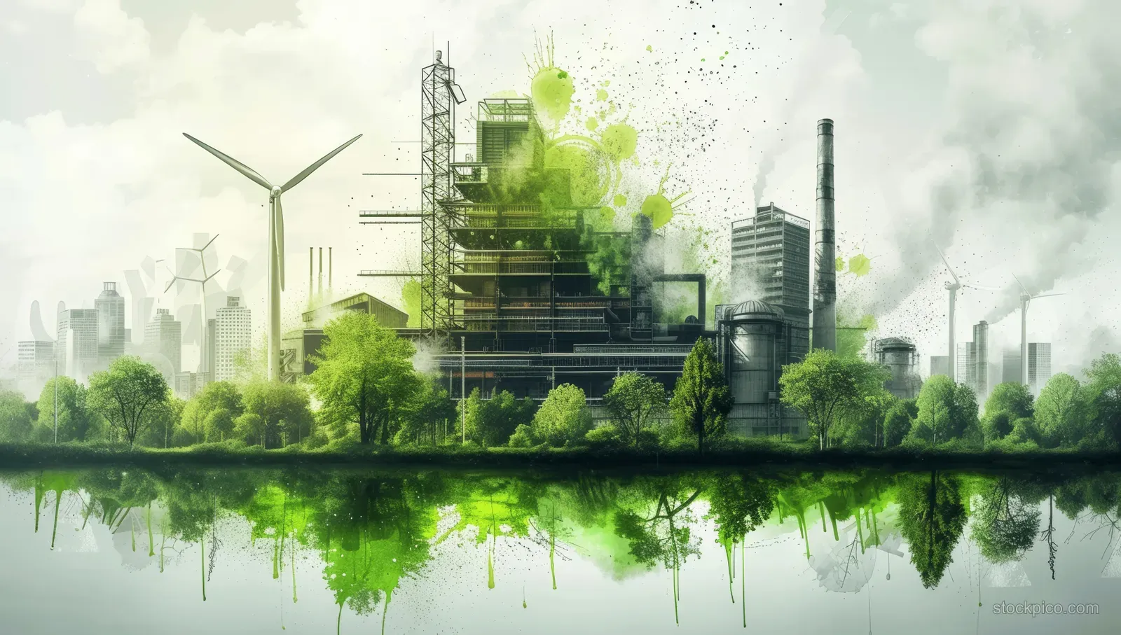 Watercolor city concept with wind turbines, green industrial buildings, and trees reflected on still water.