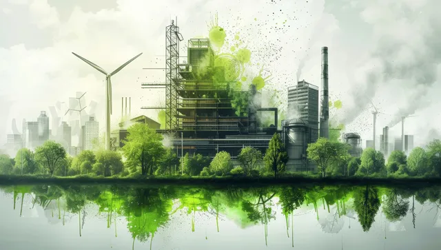 Green cityscape concept with wind turbines, factories, and watercolor trees reflecting on water