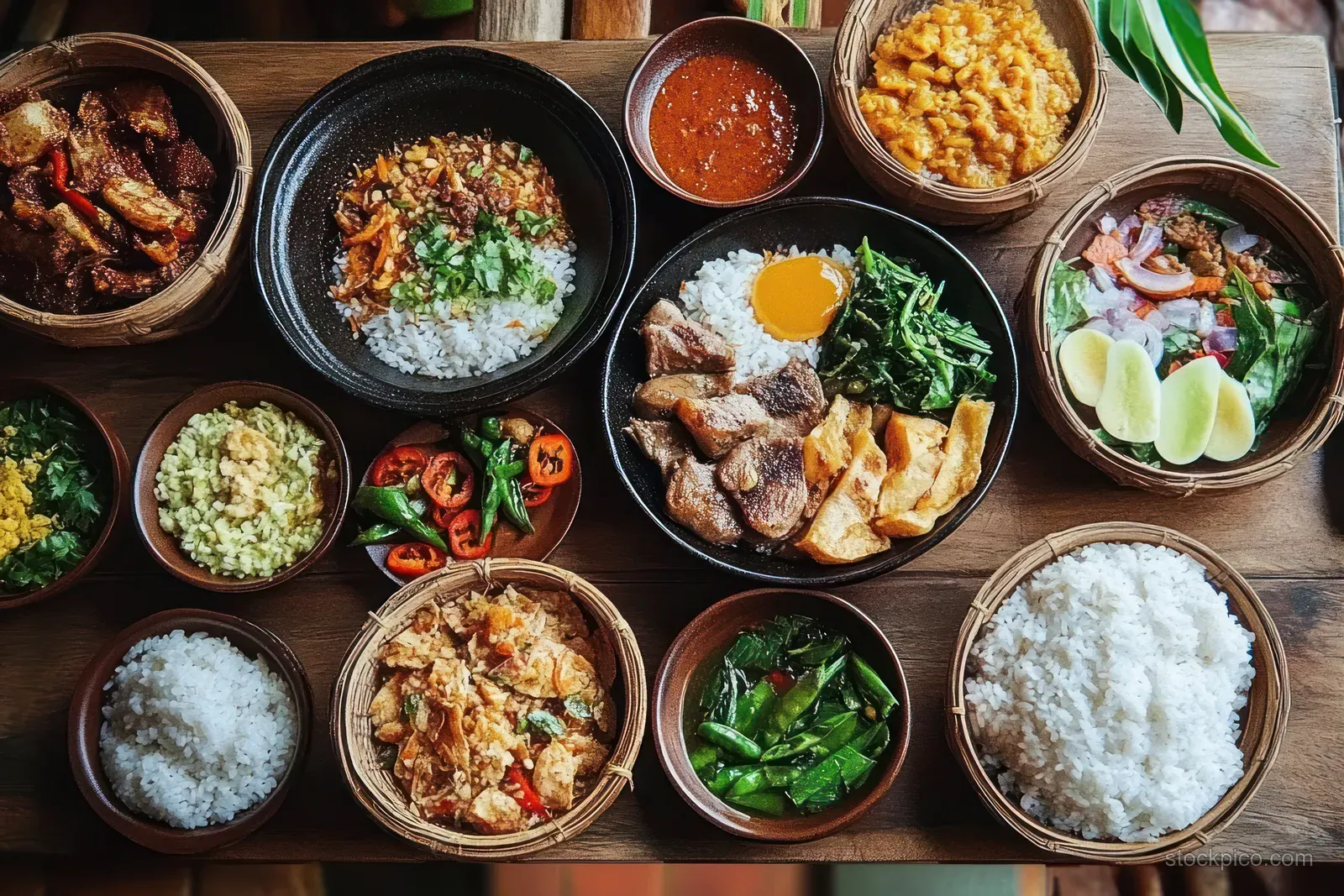 Indonesian rice, meat, and vegetables are served in multiple bowls on a rustic wooden table.