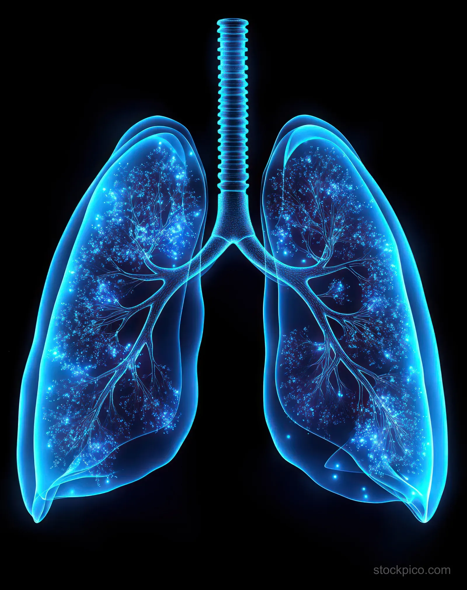 Glowing blue digital illustration of human lungs with trachea and branching bronchi on a black background.