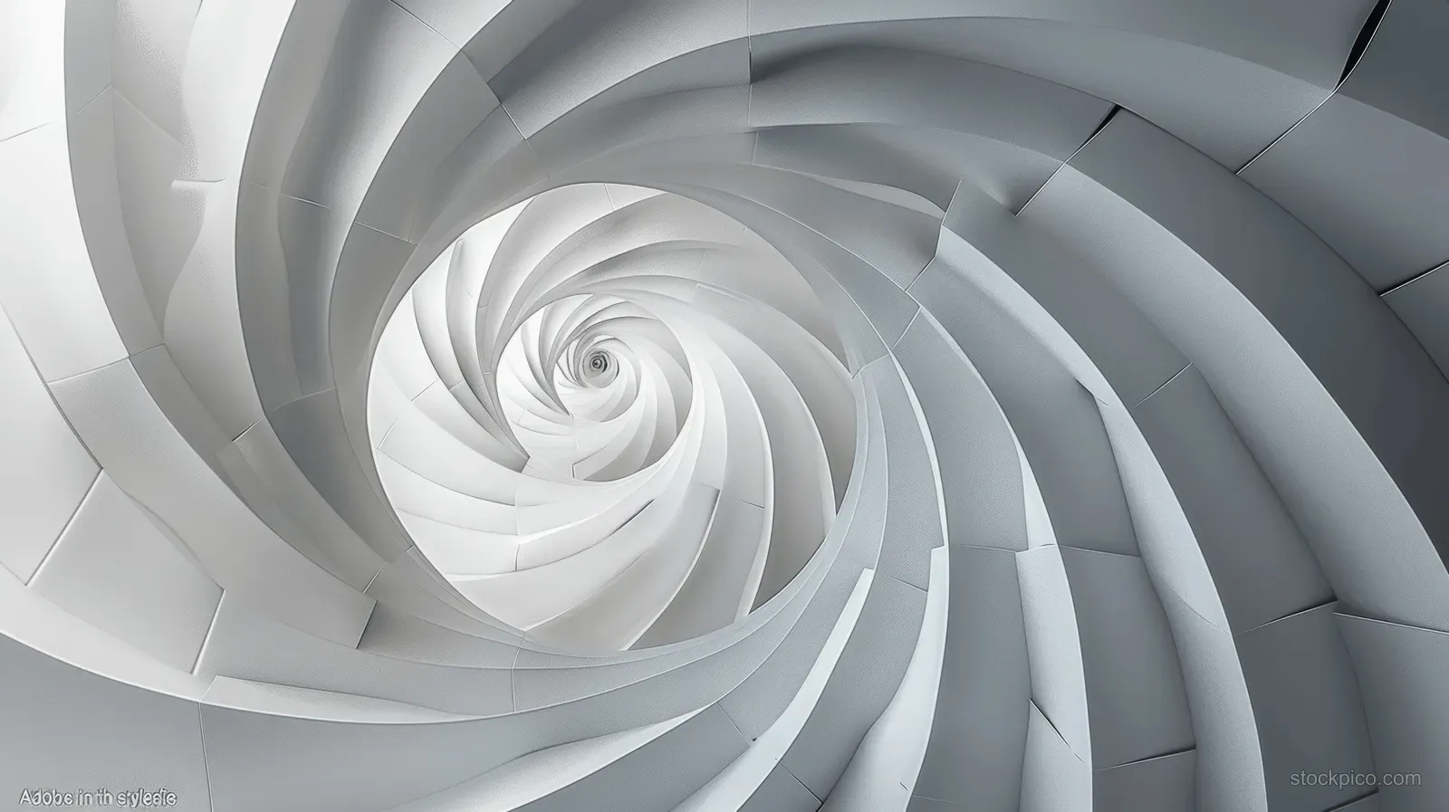 White paper sheets spiral inward on a grey geometric surface forming a tunnel-like pattern.