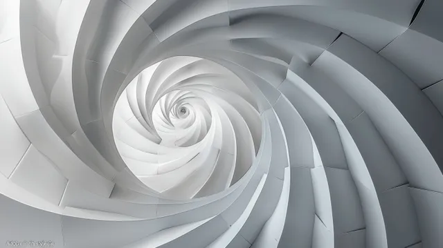 Abstract spiral of white paper sheets curling into a grey geometric tunnel