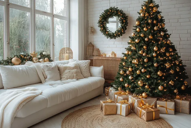 Decorated Christmas tree with gold ornaments and wrapped gifts beside a white sofa in a bright living room.