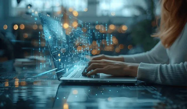 A business professional types on a laptop while a blue holographic flowchart diagram floats over the desk.