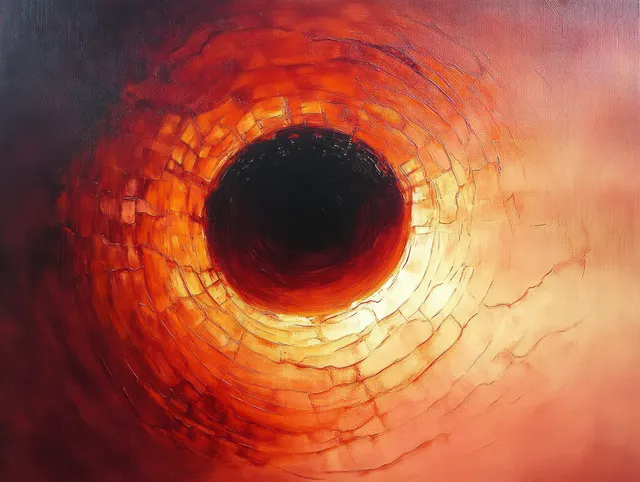 Fiery concentric vortex with cracked orange-red textures around a deep black center