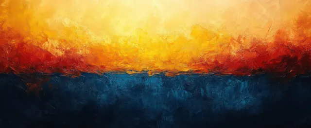 Abstract intertwined Ukrainian and Russian flags painted with layered brush strokes across a dark backdrop.