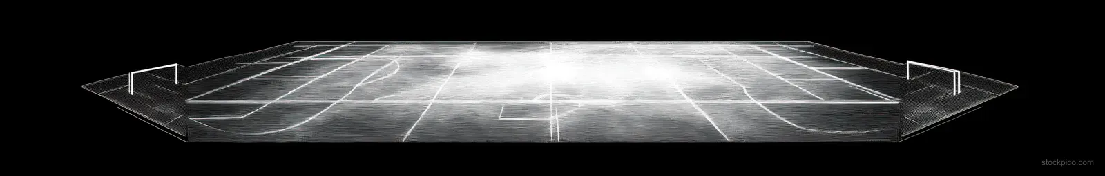 Angled transparent 3D soccer field model with white markings and goals floating on a black background.