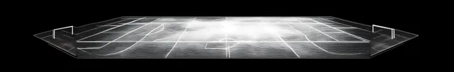 Angled transparent 3D soccer field model with white markings and goals floating on a black background.