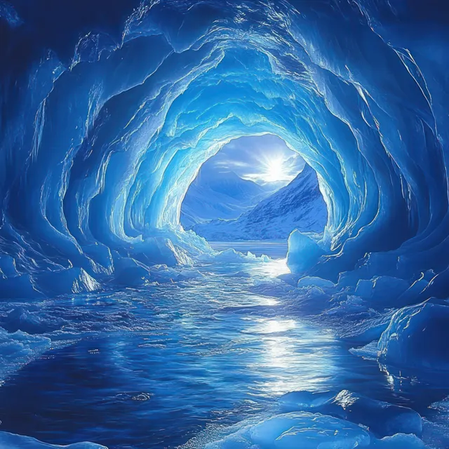 Sunlight Streams Through Blue Ice Cave Toward Snowy Mountain Opening