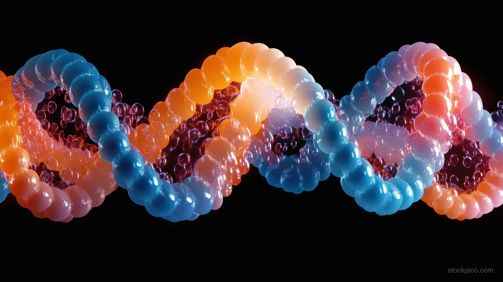 A glowing 3D double helix DNA structure of blue and orange translucent spheres on a dark background.