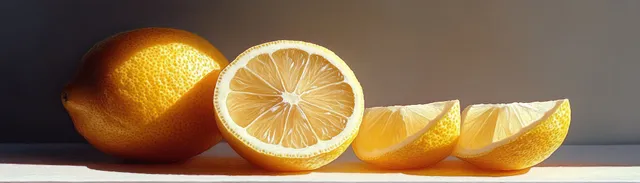 Lemon slices and whole lemon on dark tabletop with bright citrus highlights