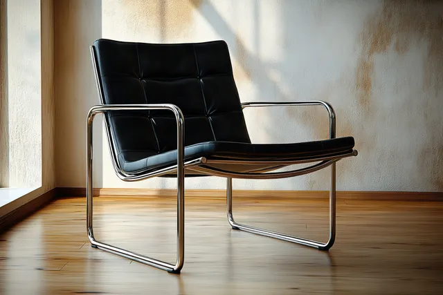 Black leather and chrome armchair in sunlit room with beige textured walls and wooden floor